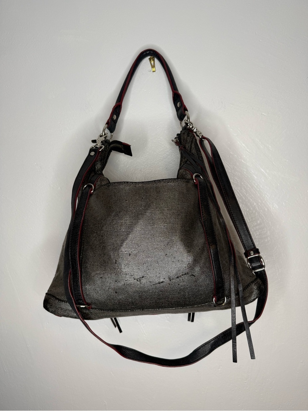 MZ Wallace Metallic Crackle Leather Hobo Crossbody Bag + Matching Pouch